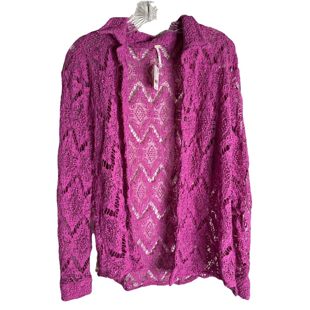 NWT $98 FREE PEOPLE Until Sundown Shirt Cover-Up‎ Gin Fizz Pink Crochet MEDIUM - Picture 3 of 7